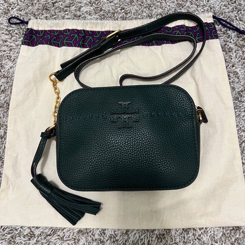 Tory Burch McGraw Green Camera Leather Crossbody Bag